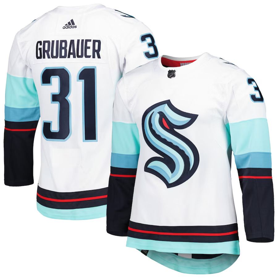 Men Seattle Kraken 31 Philipp Grubauer adidas White Primegreen Authentic Pro Away Player NHL Jersey